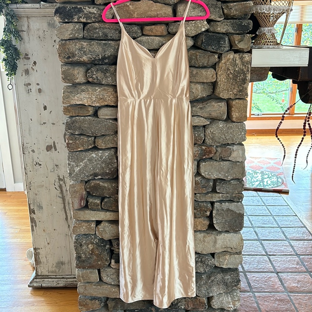 Champagne shiny cream tan pants jumpsuit lace back NWT